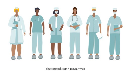 Medical Doctor or nurse characters bundle. Hospital profession concept vector illustration. Simple flat cartoon style clip art for young health care workers epidemic pandemic quarantine instruction.