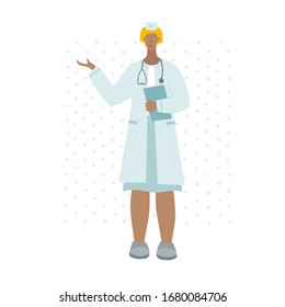 Medical Doctor or nurse female character pointing finger. Hospital woman profession concept vector illustration. Simple flat clip art for health care workers epidemic pandemic quarantine instruction.