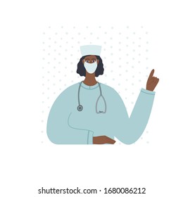 Medical Doctor nurse female character wearing face mask pointing finger. Hospital woman profession concept vector illustration. Simple flat health care workers epidemic pandemic quarantine instruction
