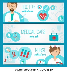 Medical doctor and nurse with first aid kit and healthcare symbols icons banners set abstract vector illustration
