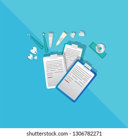Medical  doctor or nurse kit laboratory equipment on light blue background vector illustration for web and print with question sign