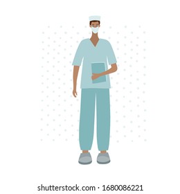 Medical Doctor Or Nurse Male Character Pointing Finger. Hospital Man Profession Concept Vector Illustration. Simple Flat Clip Art For Health Care Workers Epidemic Pandemic Quarantine Instruction.