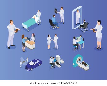 Medical doctor and nurse patients treatments and examination icon set isometric 3d vector concept for banner, website, illustration, landing page, flyer, etc.