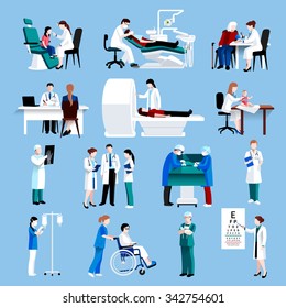 Medical doctor and nurse patients treatments and examination flat  pictograms with healthcare symbols abstract isolated vector illustration