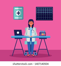 medical doctor in the office with laptop and test tubes vector illustration
