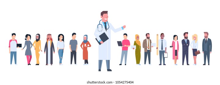 Medical Doctor Over Group Of Patients On White Background Horizontal Banner