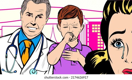 Medical doctor pediatrician take care of young boy patient concept. Worried Mother and ill sick child.