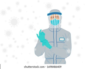 Médico o persona con misofobia que se protege de Coronavirus usando mascarilla médica, gafas, escudo facial, guantes de goma y traje de protección para evitar el contacto con el vector aislado COVID-19