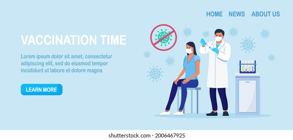 Medical doctor in protective facial mask, gloves injecting a patient, giving a coronavirus vaccine to woman. People vaccination for immunization against covid-19. Vector illustration