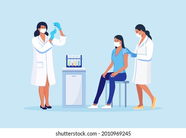 Medical doctor in protective facial mask, gloves injecting a patient, giving a coronavirus vaccine to woman. People vaccination for immunization against covid-19. Vector illustration