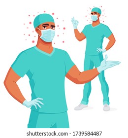 Medical doctor in scrub, mask and gloves presenting and showing OK. Protection from coronavirus. Vector illustration isolated on white background.