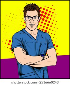 Médico em esfregões com braços cruzados. Retrato de um homem sorridente médico usando uniforme azul verde, braços cruzados usando relógio. Pop Art Comic estilo do livro, retro, vetor de ilustração vintage