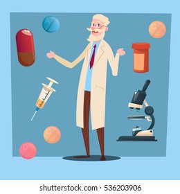 Medical Doctor Senior Man Practitioner Pharmacist Flat Vector Illustration