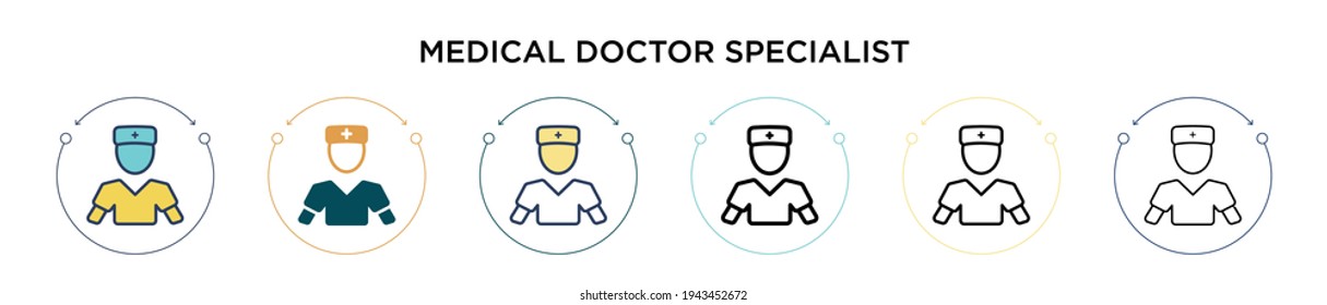 Icono de médico especialista en línea llena, delgada, contorno y estilo de trazo. Ilustración vectorial de dos médicos coloreados y negros, los diseños de iconos vectoriales especializados pueden utilizarse para móviles, ui, 