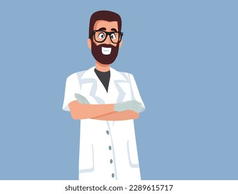 
Medical Doctor Standing with Arms Crossed and Smiling Vector Illustration. Happy general practitioner feeling optimistic and professional 
