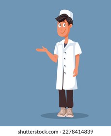 
Medical Doctor Standing Making Presentation Gesture Vector Cartoon Character. Standing general practitioner explaining and presenting 
