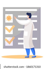Medical doctor standing near check up report points to the sign of the virus on the document form health check with marks. Health insurance and care concept. Man in white coat with patient test result