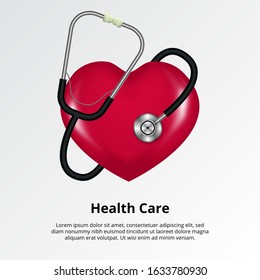 Medical Doctor Stethoscope With Love Heart Shape For Healthcare, Hospital. Pulse Heartbeat Illustration. Poster Banner Template  