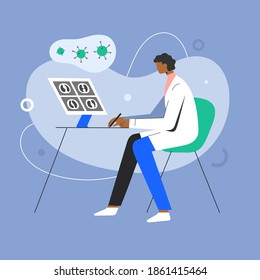 Medical Doctor Studies CT Scan Results. Coronavirus Research Concept. Vector Illustration. Scientist Checking Lungs Xray. 