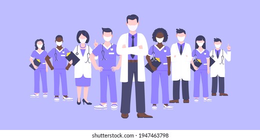 Equipo médico con máscaras faciales ilustraciones vectoriales de empleados aisladas en fondo blanco. Médico, cirujano, enfermero de pie con el equipo.