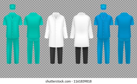 Medical doctor uniform, hospital nurse coat and surgeon suit, laboratory shirt vector set isolated. Medical professional protection clothing illustration