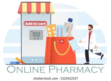 Medical doctor in uniform near mobile phone and bag with medical pills, termometr, vitamines and other medicines, online pharmacy concept, flat vector illustration