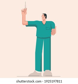 Medical doctor in uniform standing and holding syringe on light background. Vaccination concept. Flat geometric style, non-standard proportions for human characters.