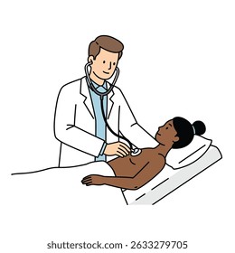 Medical Doctor Using Stethoscope to Listen to Patient Heartbeat on White Background Care