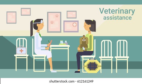 Medical Doctor Veterinarian Cure Animal In Clinic Of Veterinary Assistance Flat Vector Illustration