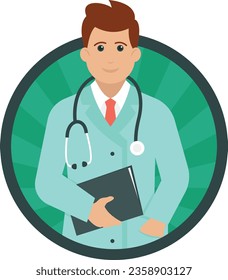 Medical Doctor Wearing stethoscope and Holding Dairy Concept, physician or practitioner Vector Round Icon Design, Professional uniform Symbol, Professional character occupations sign, Labor Day people