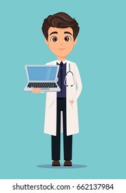 Medical doctor in white coat holding modern laptop. Vector illustration. EPS10 