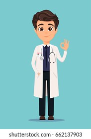 Medical doctor in white coat showing OK sign. Vector illustration. EPS10 