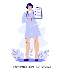 Medical doctor woman with clipboard. Recommendations for treatment and health. Vector illustration in flat cartoon style.