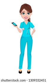 Medical doctor woman holding smartphone. Medicine, healthcare concept. Beautiful cartoon character. Vector illustration.