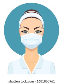 Medical Doctor Woman in Lab Coat with Surgical Face Mask. Virus Protection. Health Care Concept. Vector Illustration