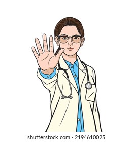 Medical Doctor woman Making Stop Gesture ,Vector Cartoon Illustration.

