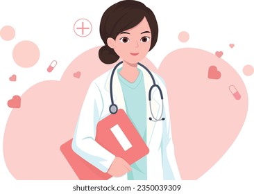 Medical doctor woman with stethoscope. family doctors. Nurse. Delicate pink background. International Doctor's Day. healthcare concept. Vector illustration in flat cartoon style. editable stroke