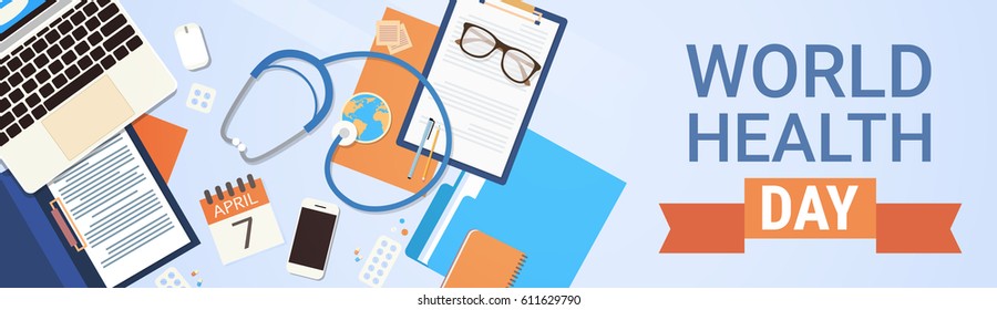 Medical Doctor Workplace Top View World Health Day Concept Flat Vector Illustration