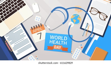 Medical Doctor Workplace Top View World Health Day Concept Flat Vector Illustration