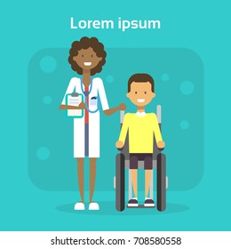 Medical Doctor With Young Man On Wheel Chair Happy Male Disabled Smiling Sit On Wheelchair Disability Concept Flat Vector Illustration