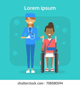 Medical Doctor With Young Woman On Wheel Chair Happy African American Female Disabled Smiling Sit On Wheelchair Disability Concept Flat Vector Illustration