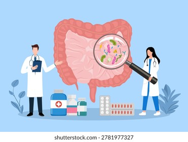 Medical doctors examining the human digestive system with a magnifying glass for diagnosis and treatment of intestinal diseases.