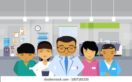 Medical Doctors Group Asian Team Hospital Interior Background Flat Vector Illustration Stock Vector
