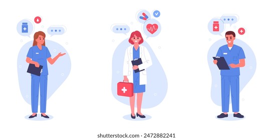 Medical doctors. Hospital professional staff, doctor consultation, tests and medical research, medical clinic workers flat vector illustration set. Healthcare and medicine concept