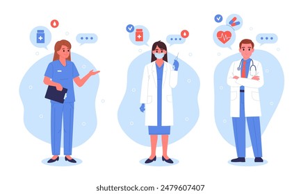 Medical doctors. Hospital staff, professional surgeon, therapist or neurologist, doctors wearing uniform flat vector illustration set. Hospital workers characters