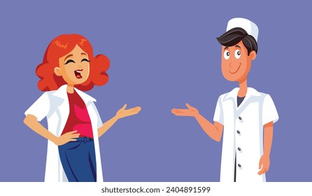 Medical Doctors Making Presentation Gesture Vector Cartoon Illustration. General physicians presenting a health treatment plan for recovery 
