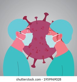 Medical doctors in protective face  masks isolated in virus background. Corona virus outbreak illustration in cartoon style.