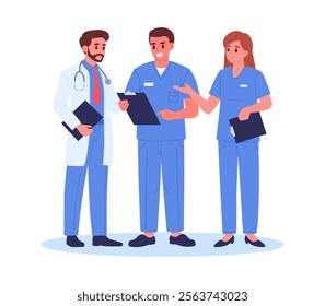 Medical doctors talking. Hospital staff communication, professional surgeon, therapist or neurologist discussion, doctors wearing uniform flat vector illustration. Hospital workers characters