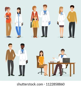 Medical doctors with their patients in different situations. Five medicine situations with different people