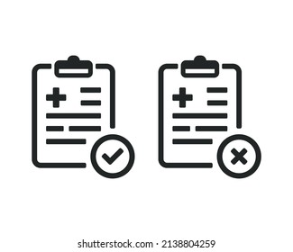 Medical document with check mark and cross sign. Medical record. Vector illustration